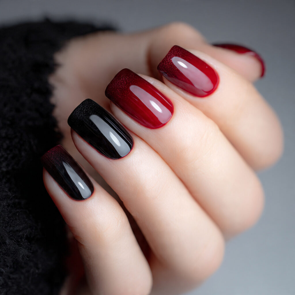 alternating black and cherry red short square nail