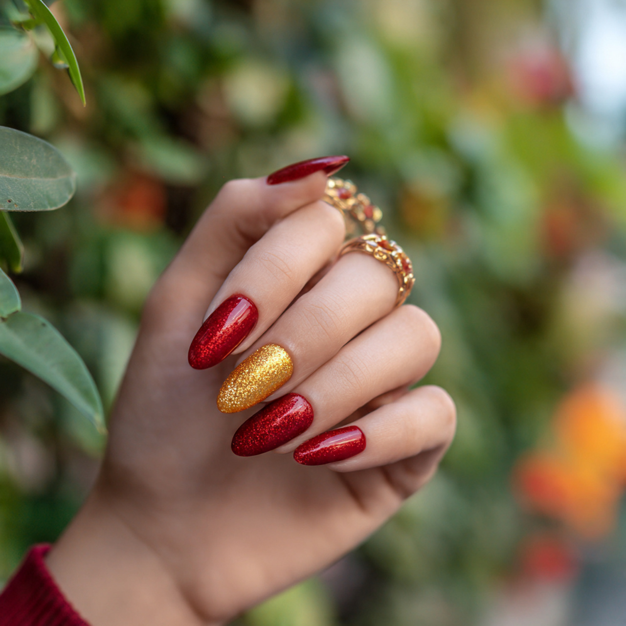 attractive women having red and gold minimal nails