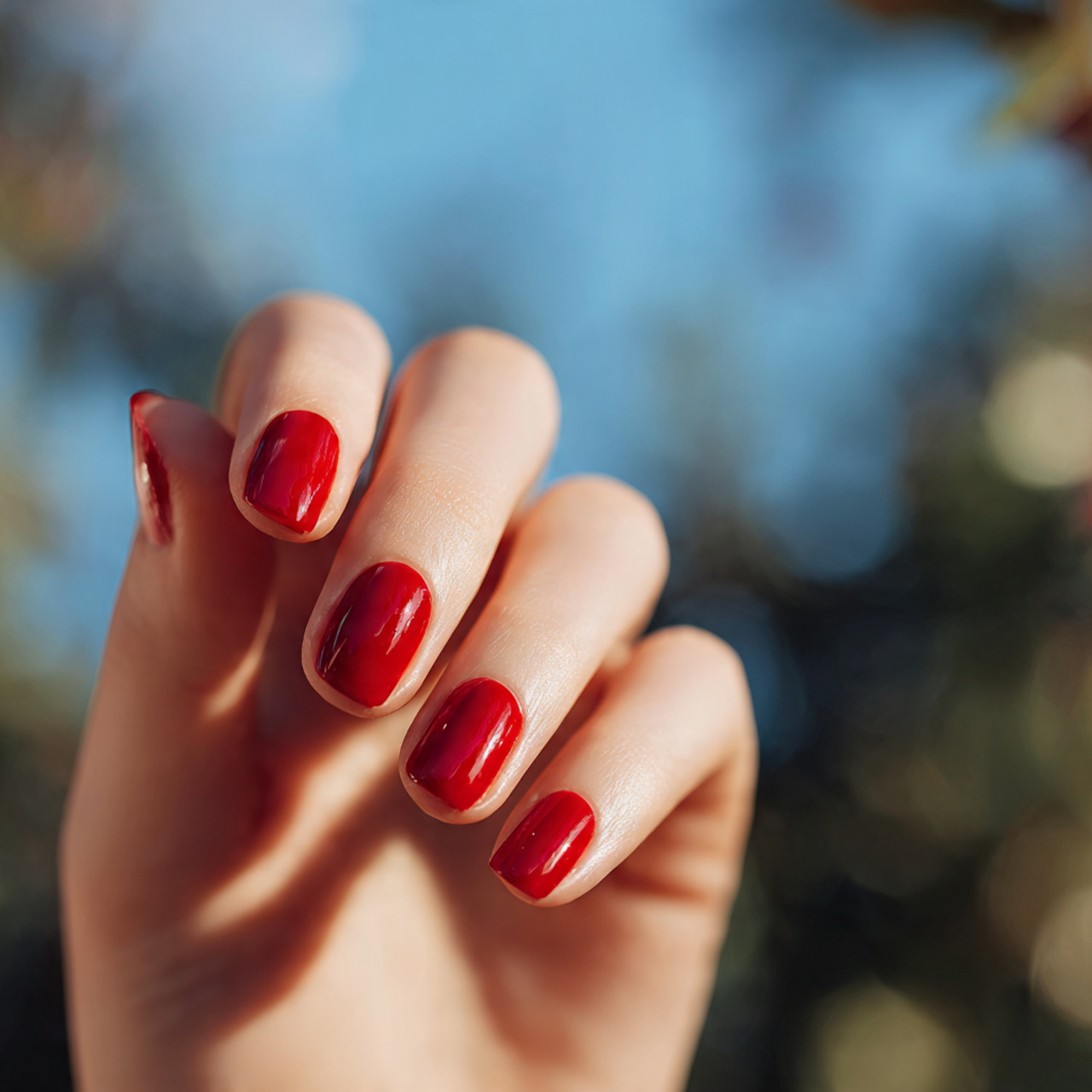 attractive women having red aura nails in outdoor