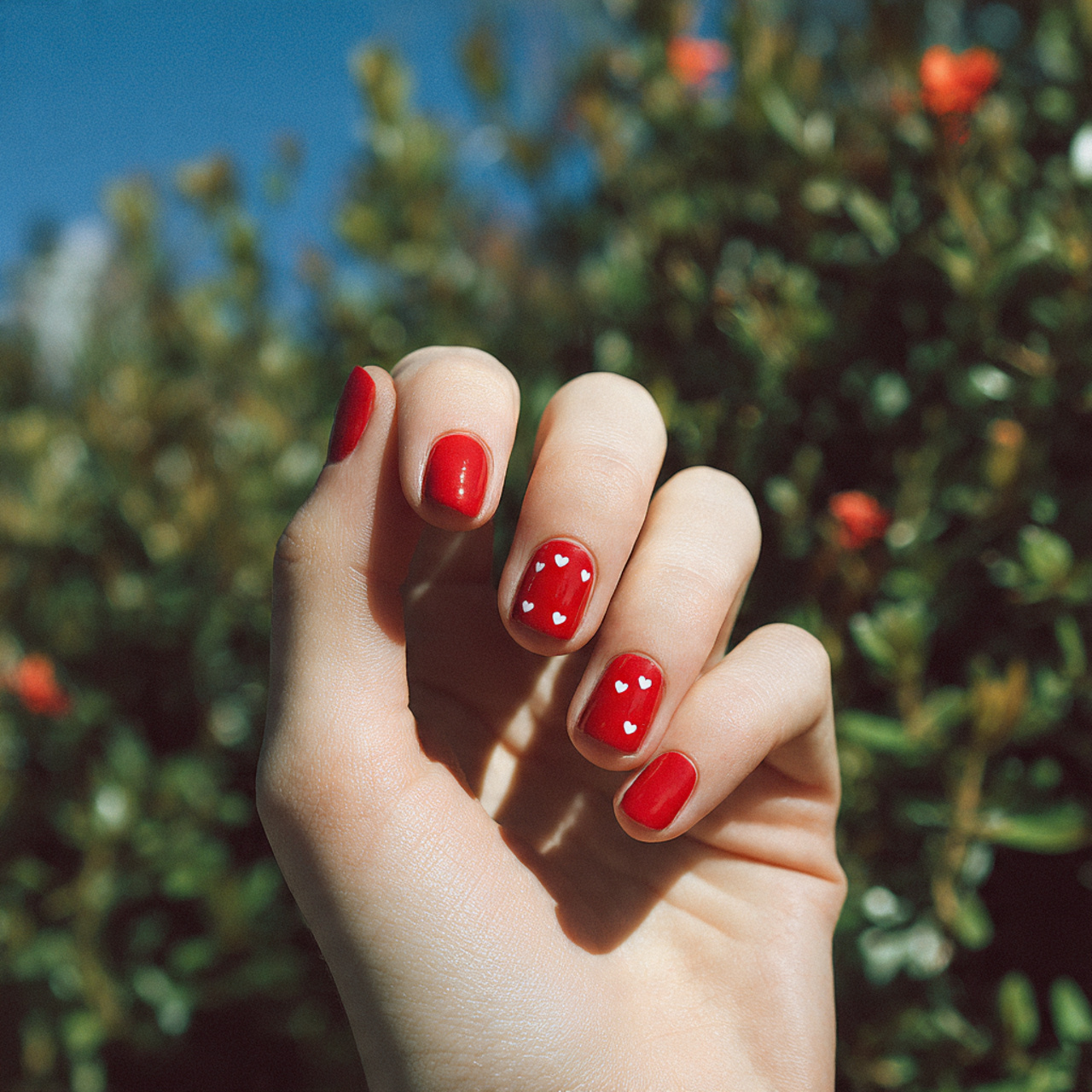 attractive women having tiny red heart nails in ou
