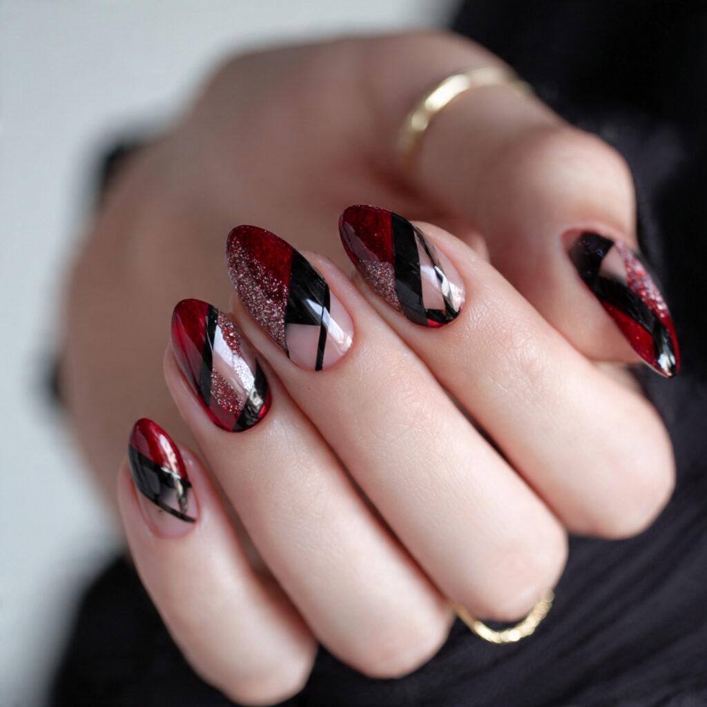 black and red negative space design nails