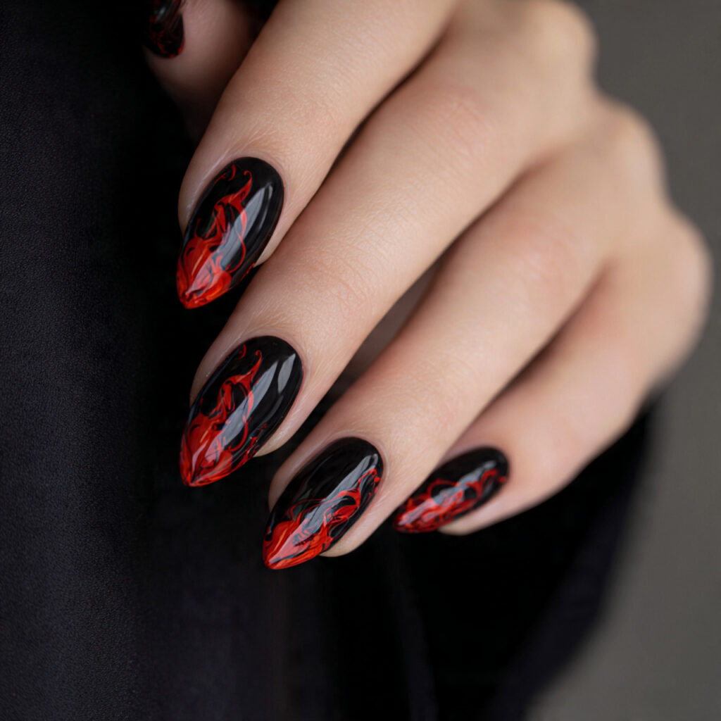 black base with scarlet flame art nails