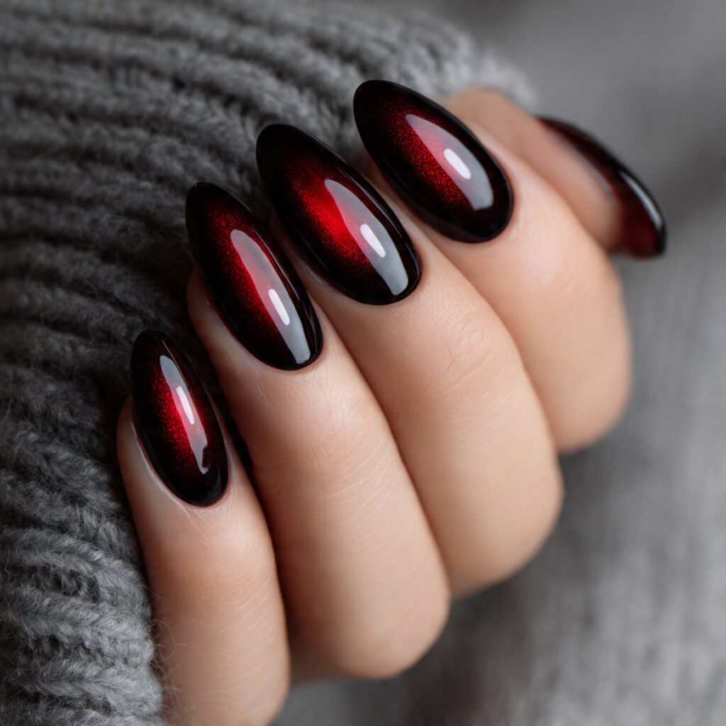 black cherry cat eye with red accent nails