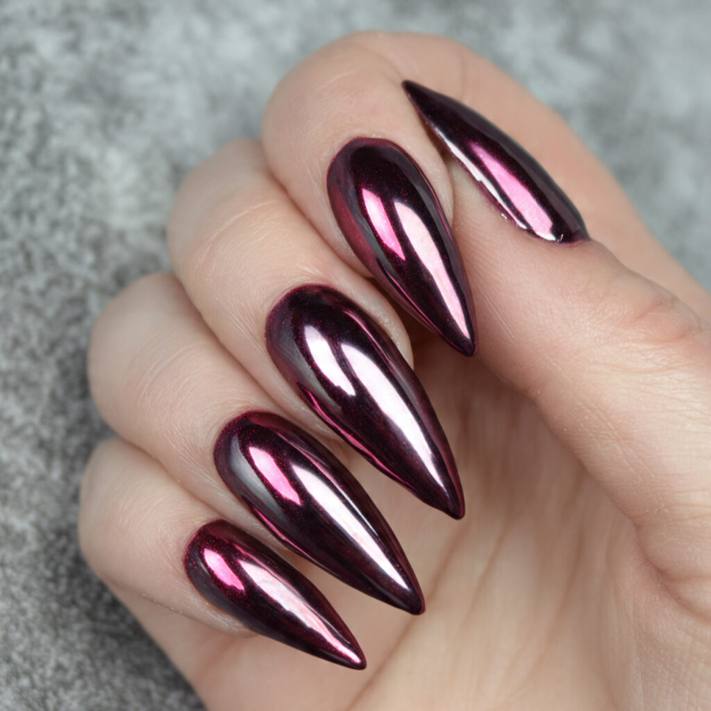 black cherry chrome stiletto nails