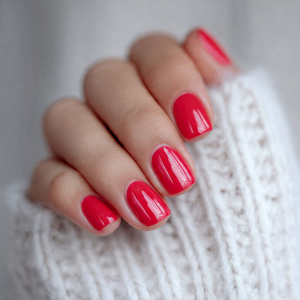 bright cherry color short square nails