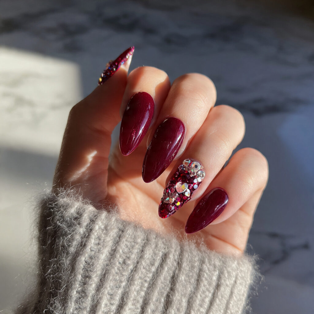 burgundy almond acrylic glam nails