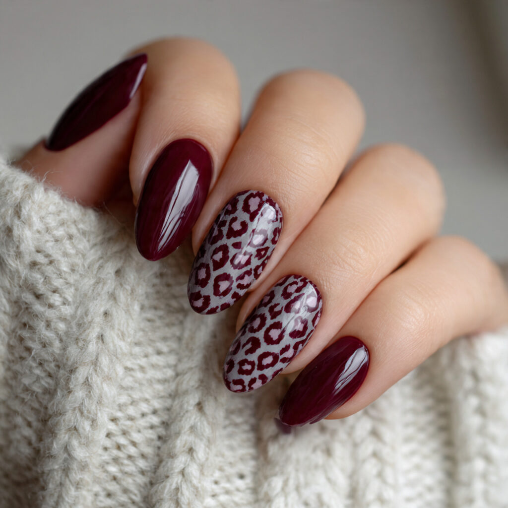 burgundy animal print accent nails