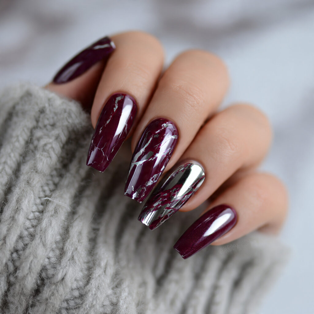 burgundy chrome marble nails