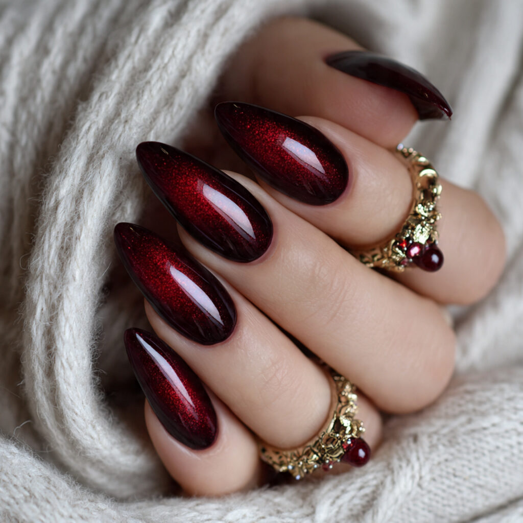 cherry red cat eye effect nails