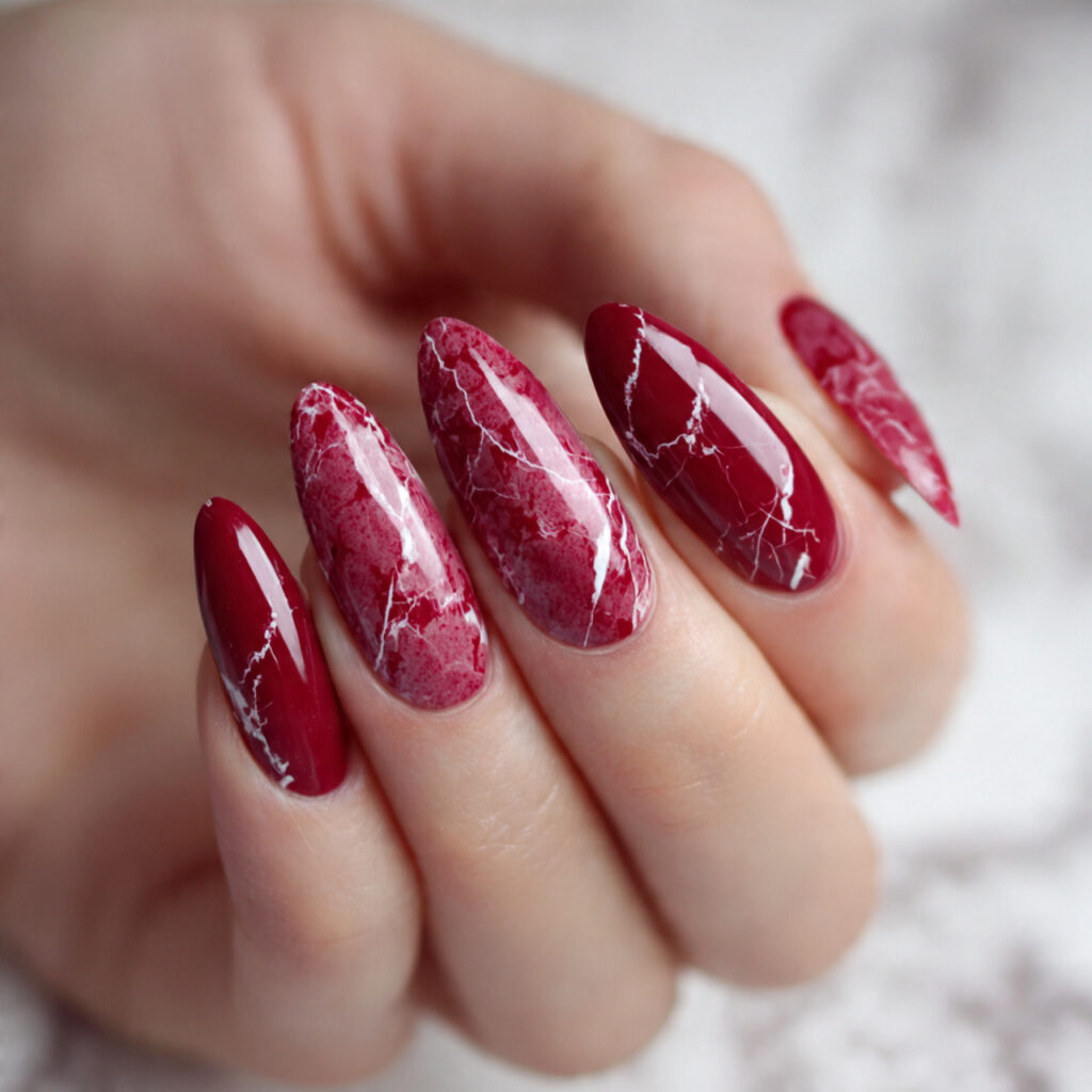 cherry red marble effect nails