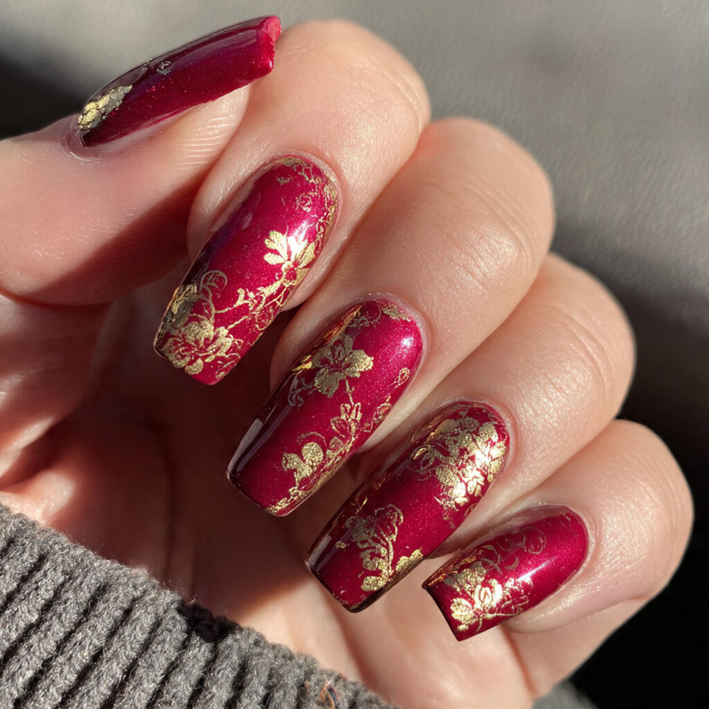 cherry red with gold foil nails