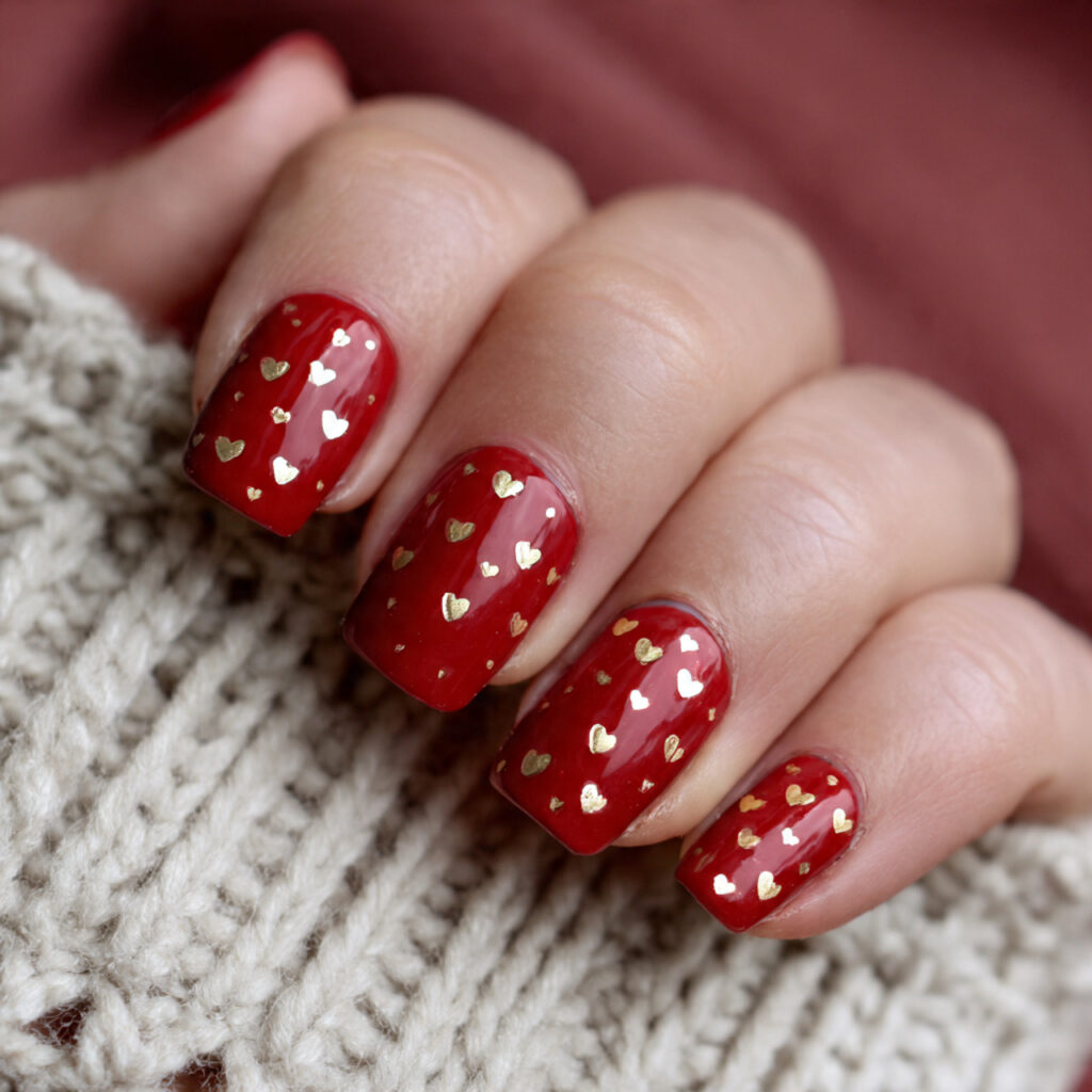 cherry red with tiny gold hearts nails