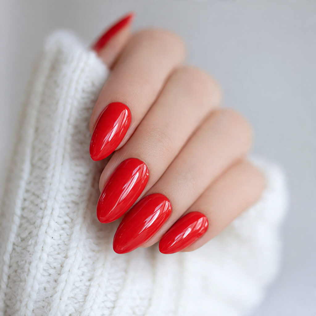 classic bright red almond nails