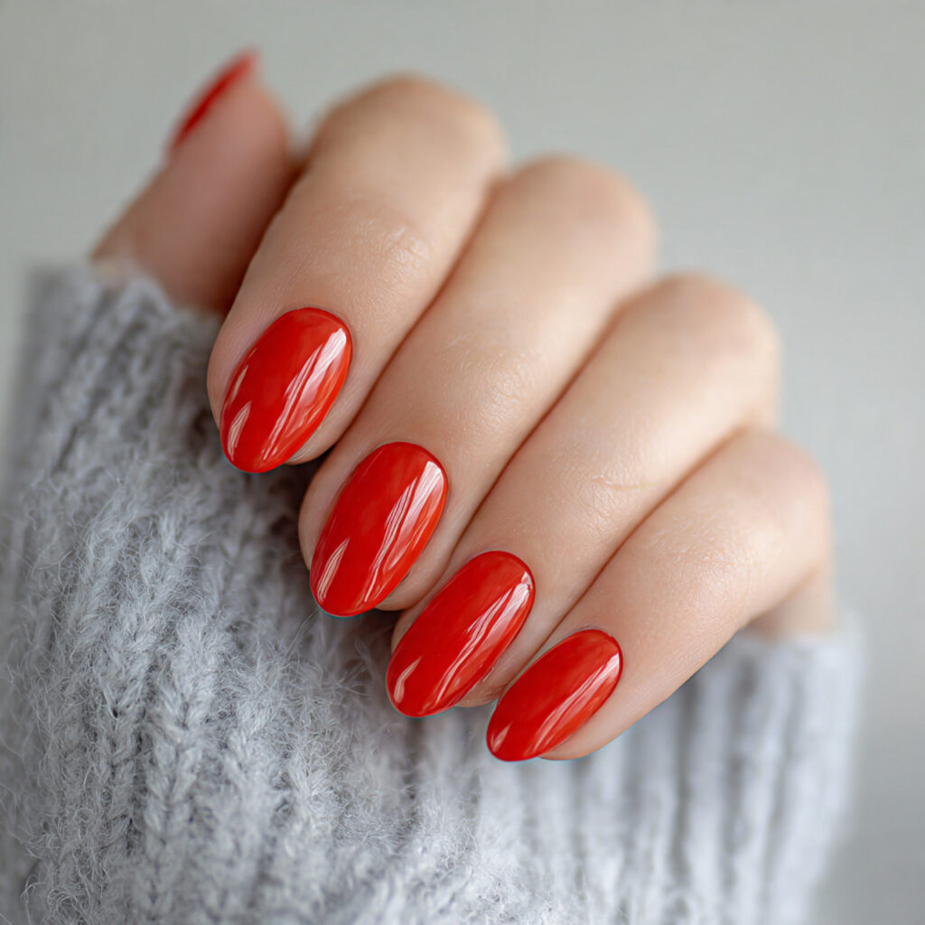 classic tomato red short oval nails