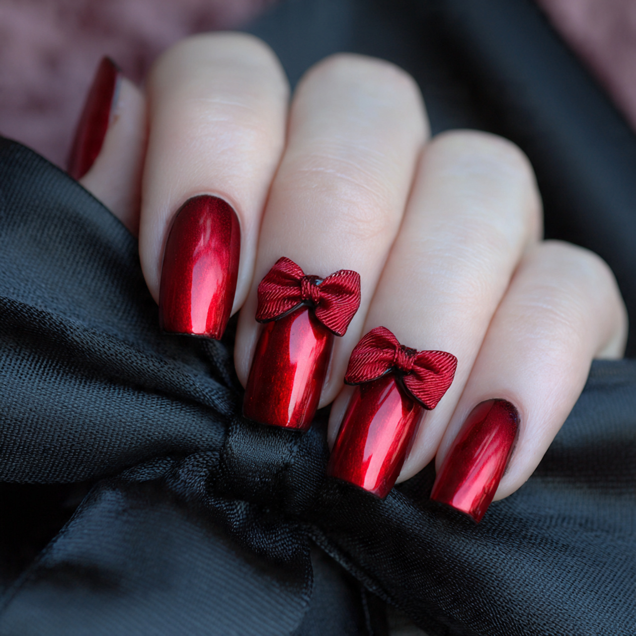 coquette red bow nails