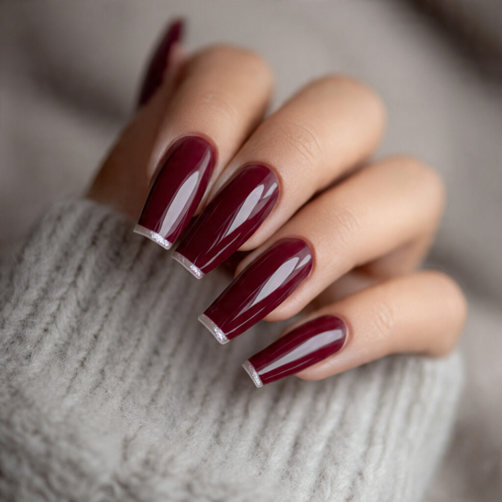 Red French Nails: 14 Chic, Romantic & Trend-Forward Ideas You’ll Want to Screenshot 3 deep burgundy french coffin acrylic nails