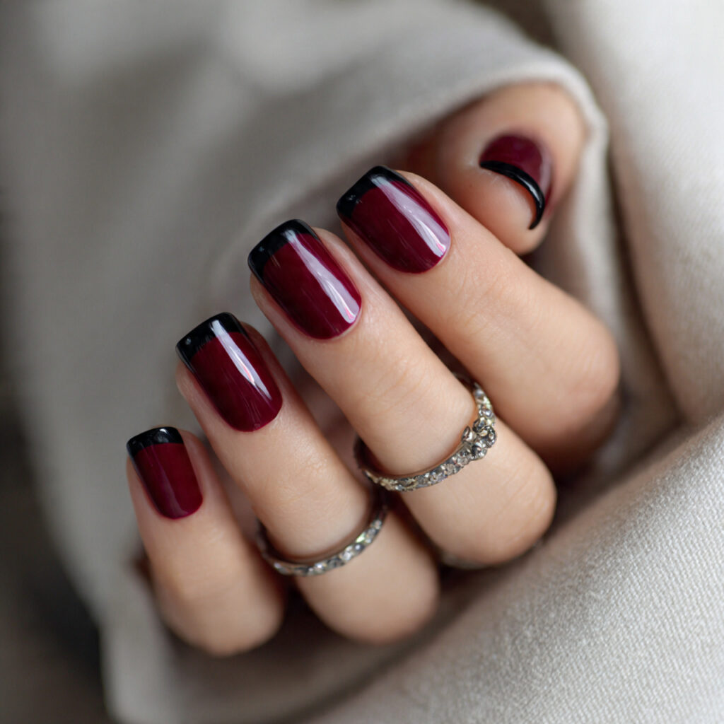 deep burgundy with glossy black tips nails