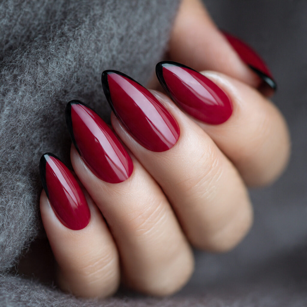 deep red base with black french tips nails 1