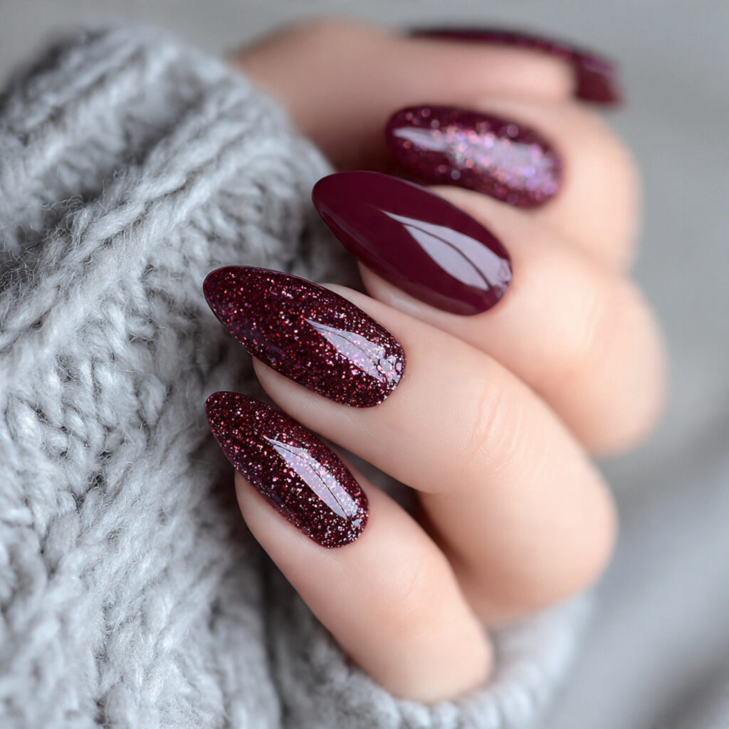 deep wine almond with glitter accent nails