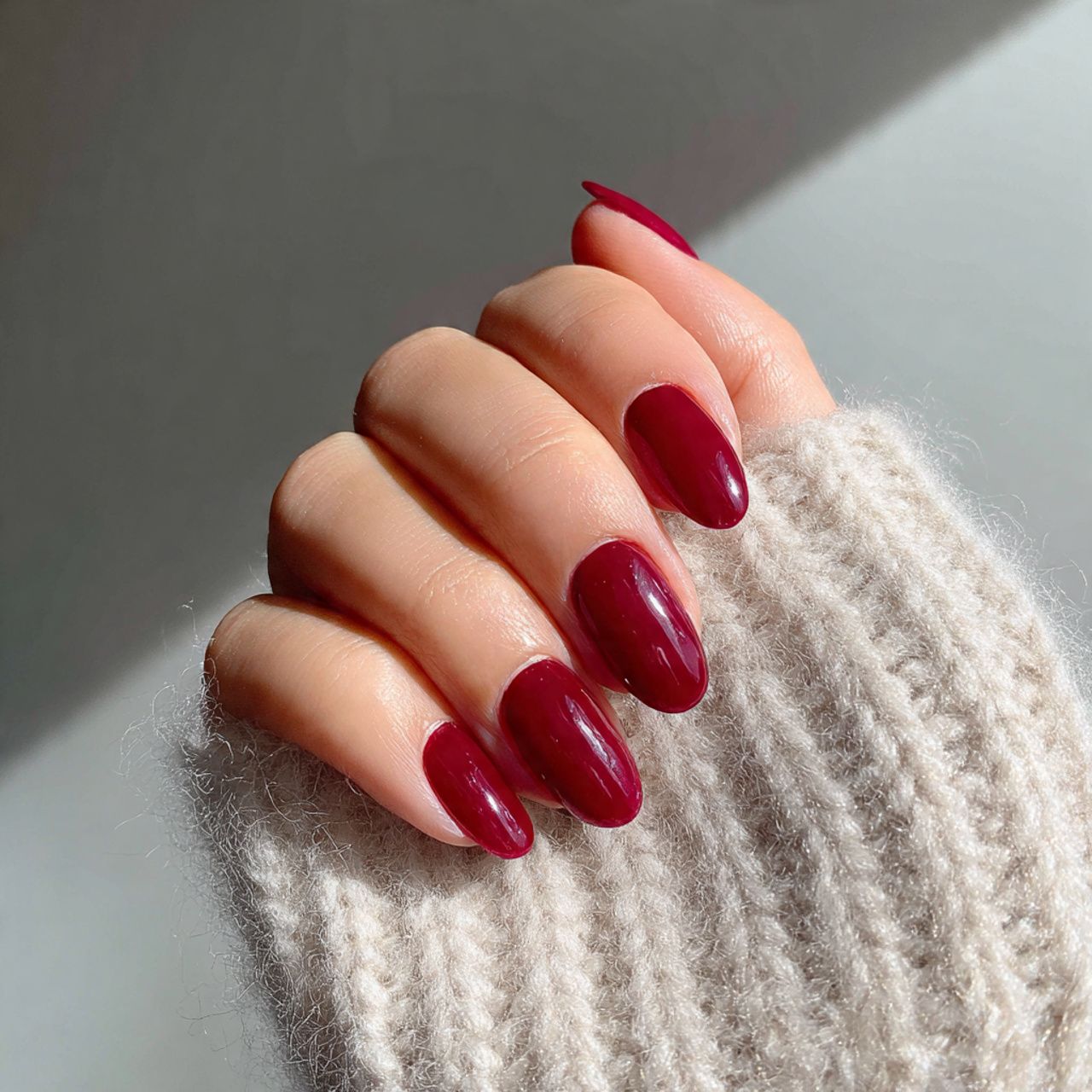 glossy cherry red short nails