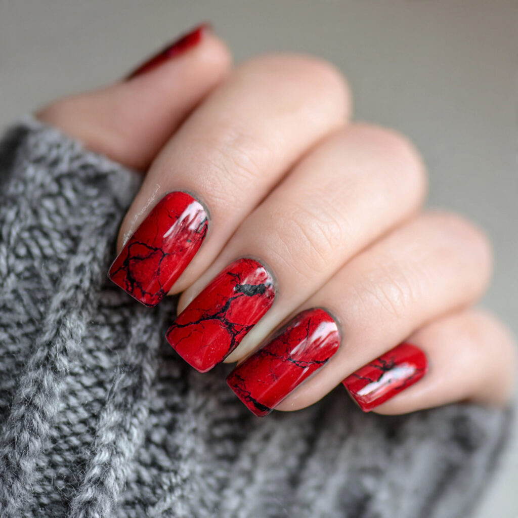 glossy red with black marble veins nails