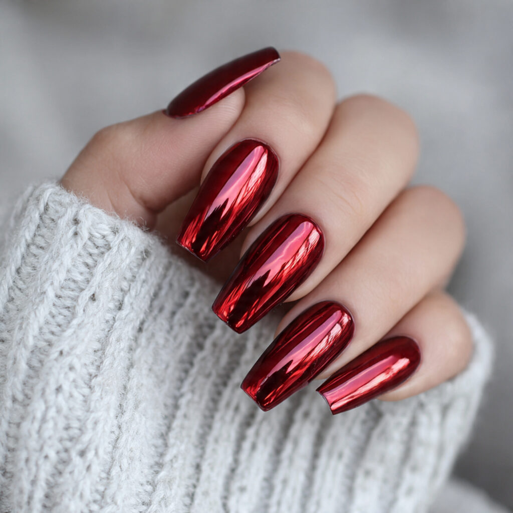 long crimson chrome coffin nails