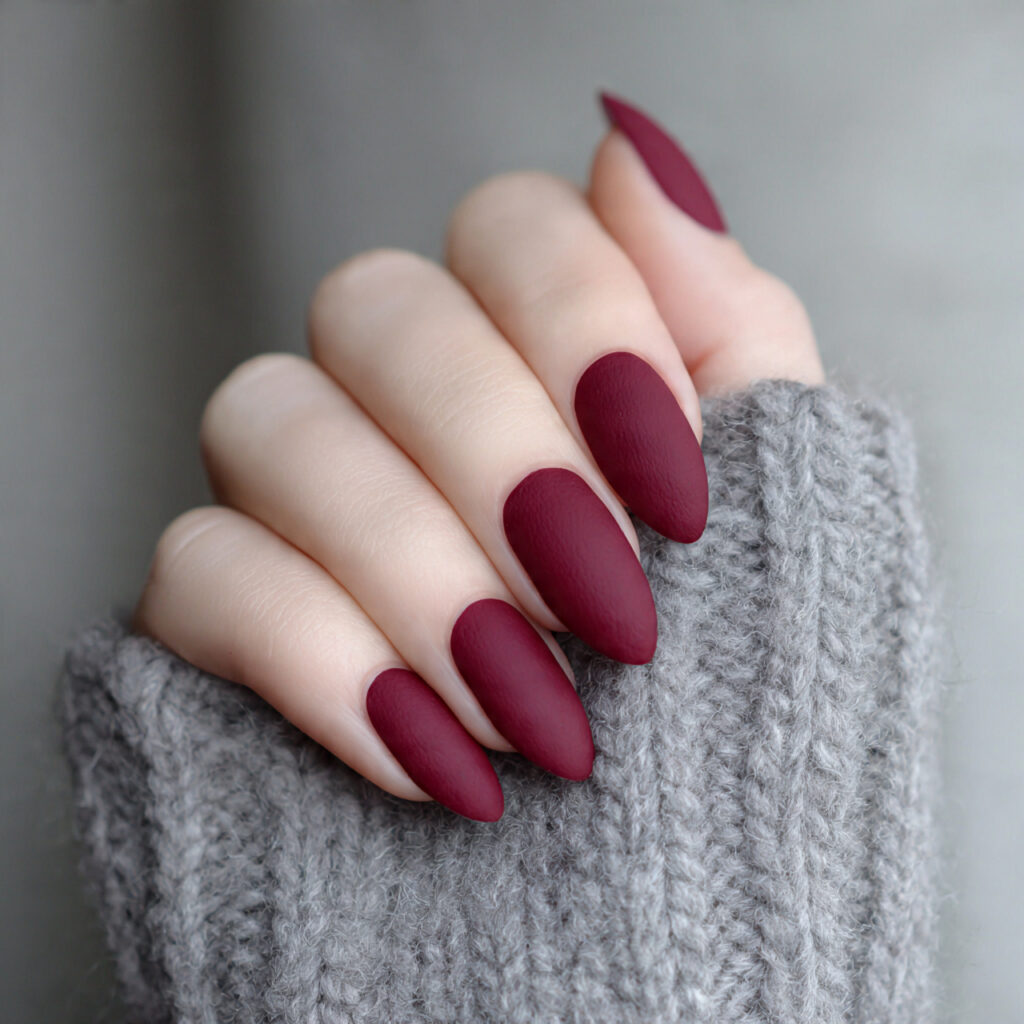 matte crimson almond nails
