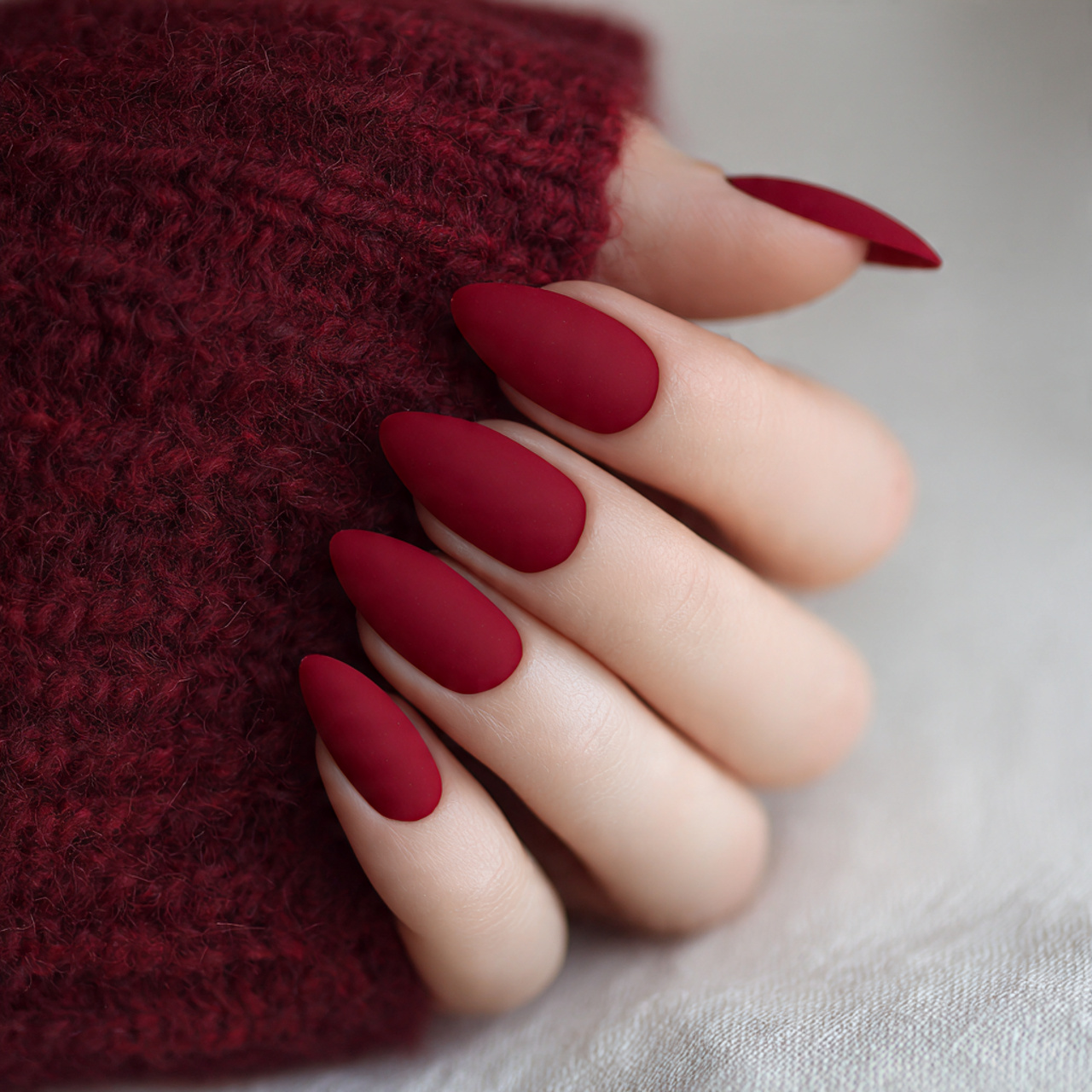 matte red almond nails