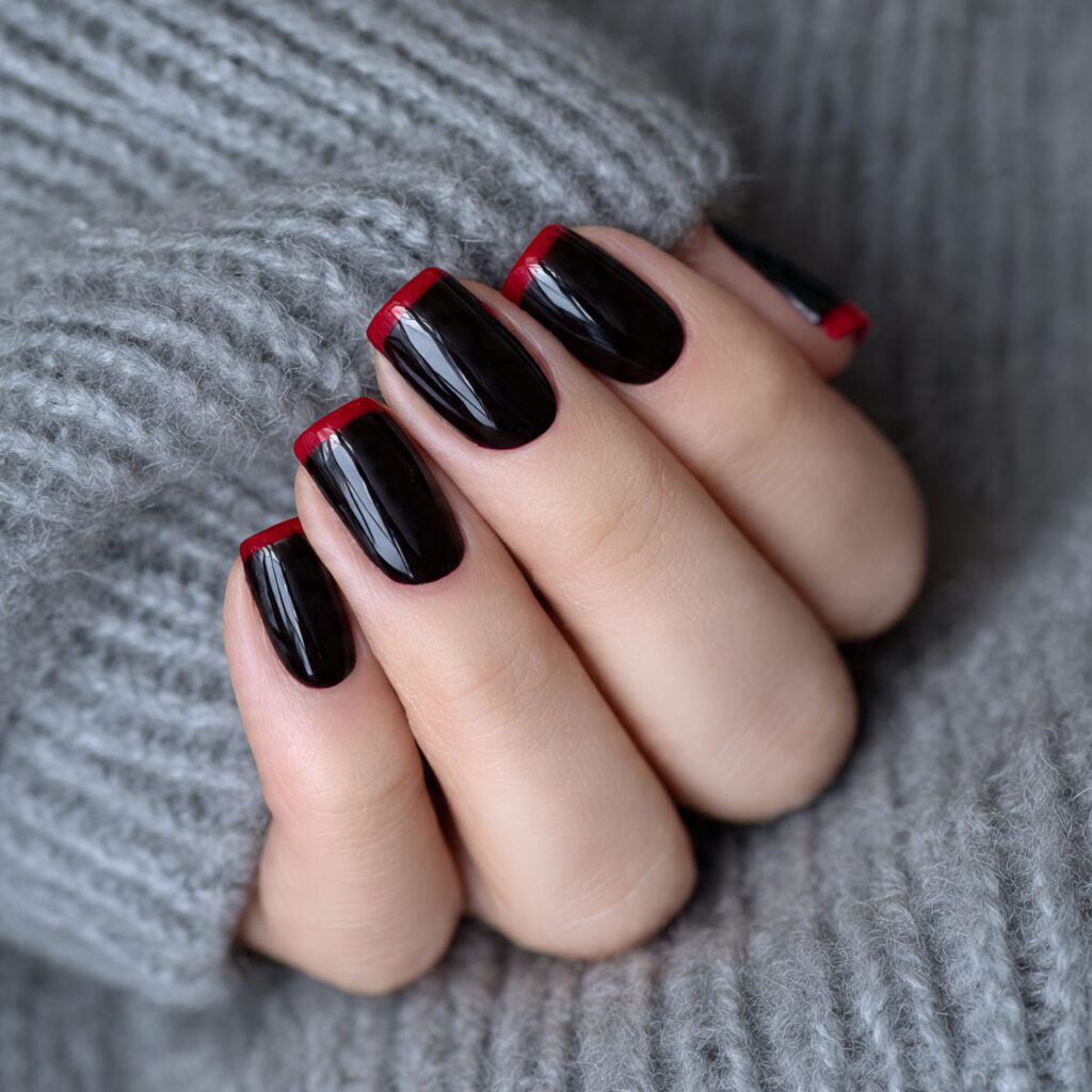 micro black and red french tips nails