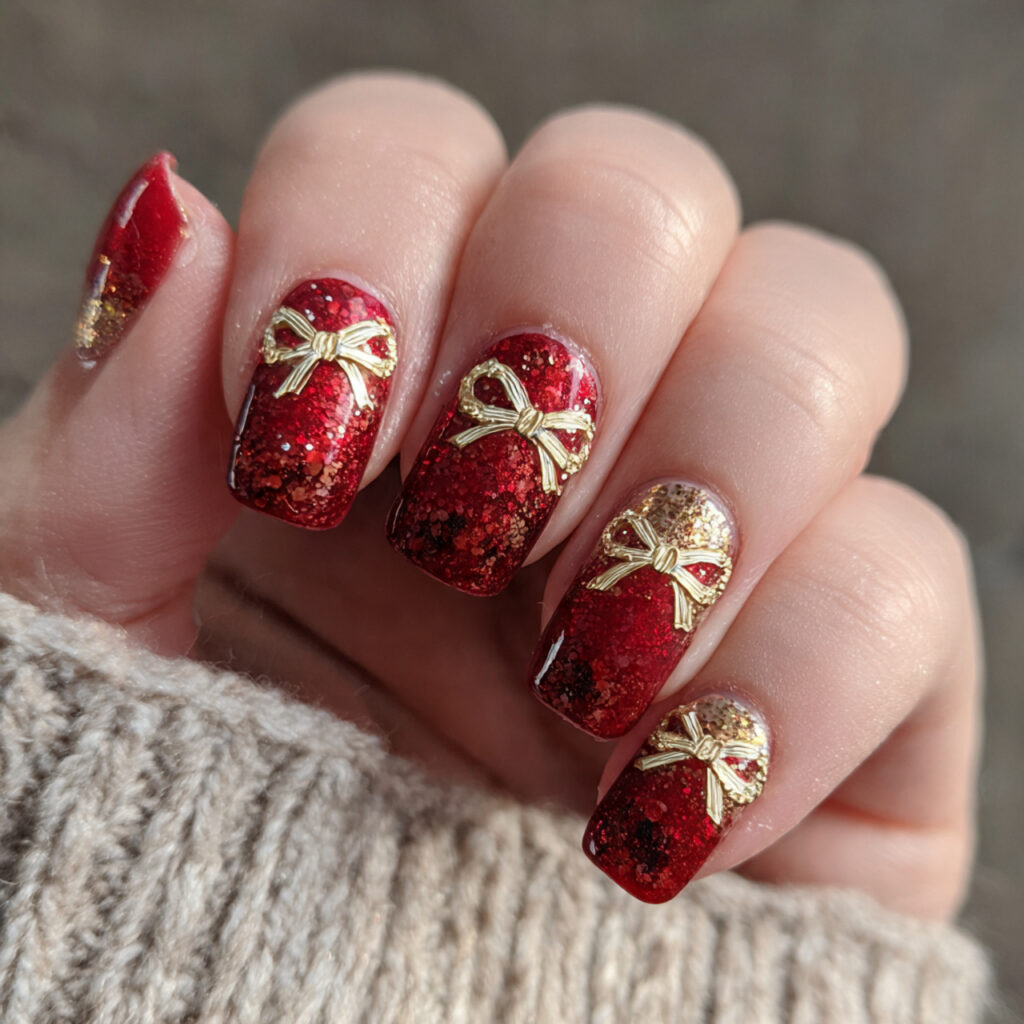 red and gold coquette bow nails