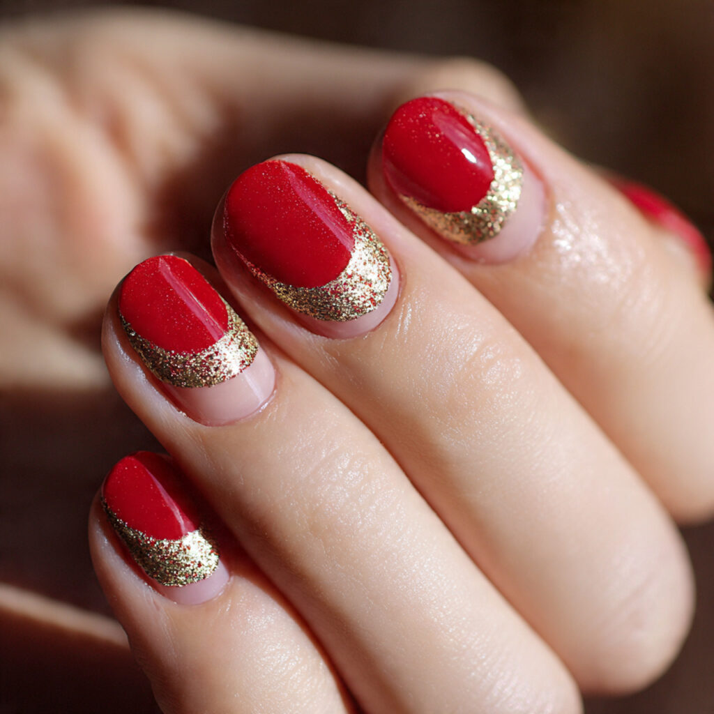 red and gold half moon design nails
