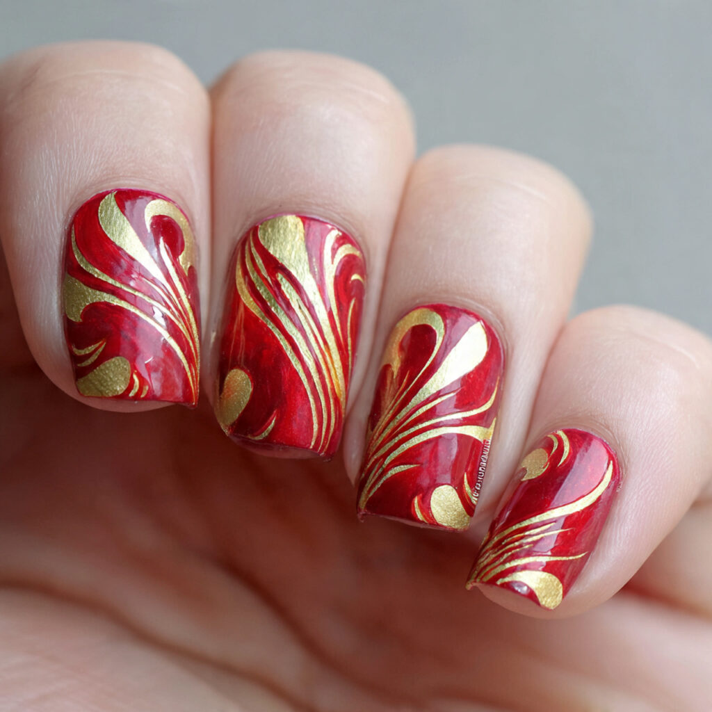 red and gold swirl art nails