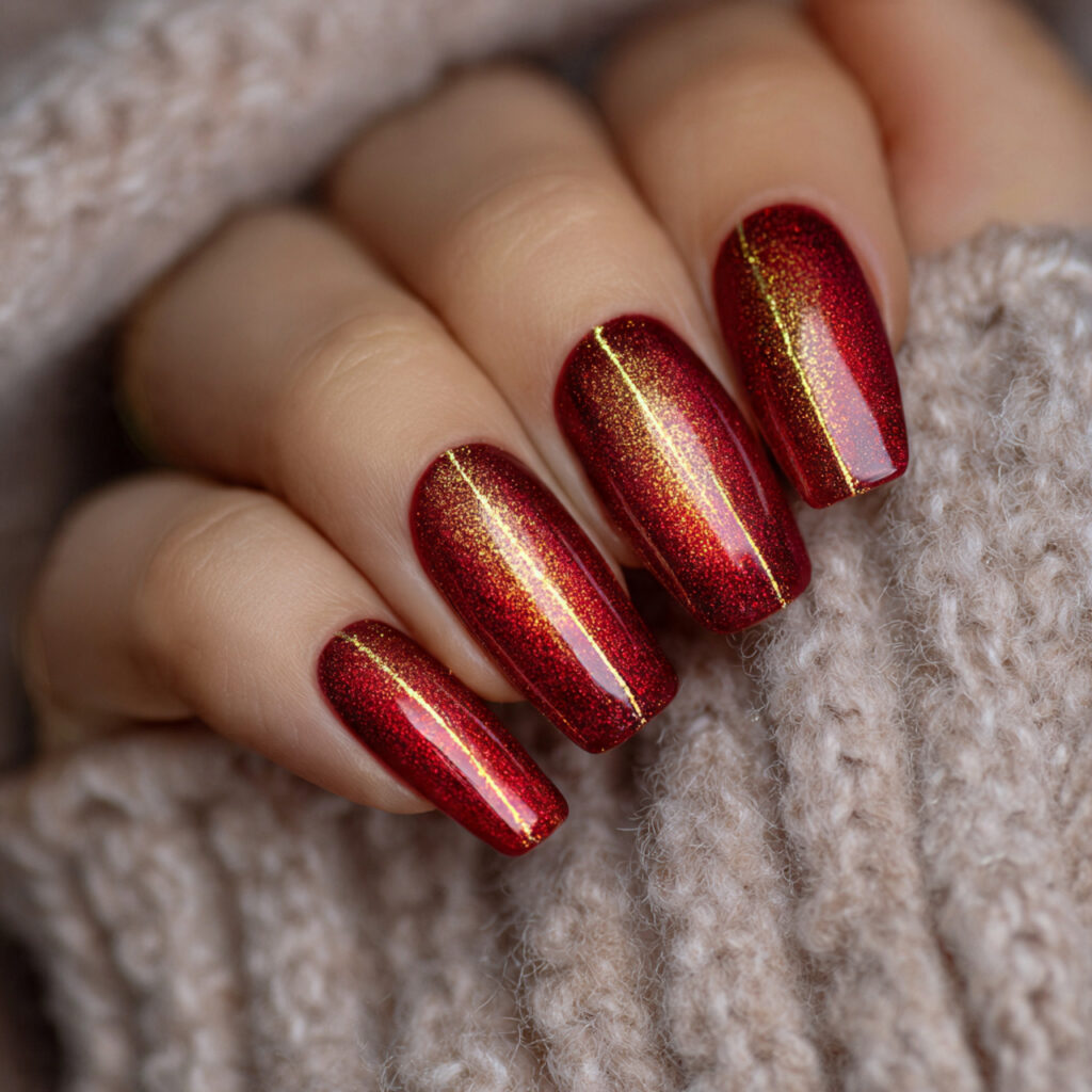 red aura with gold center glow nails