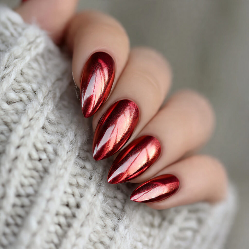 red chrome almond nails