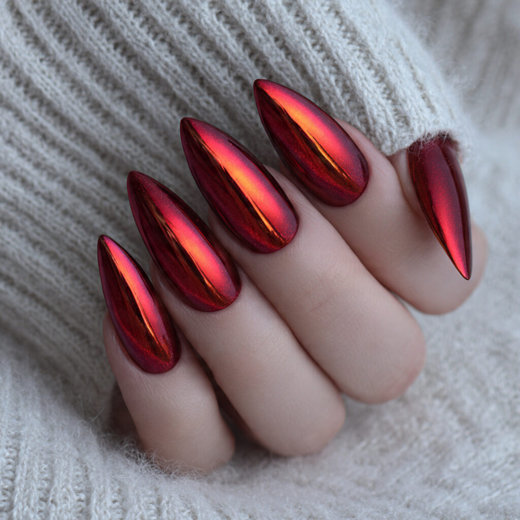 red chrome aura nails