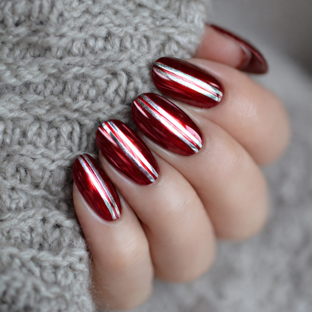 red chrome with silver striping nails