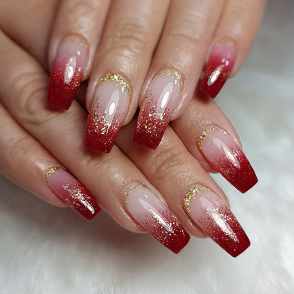 red french fade with gold dust nails
