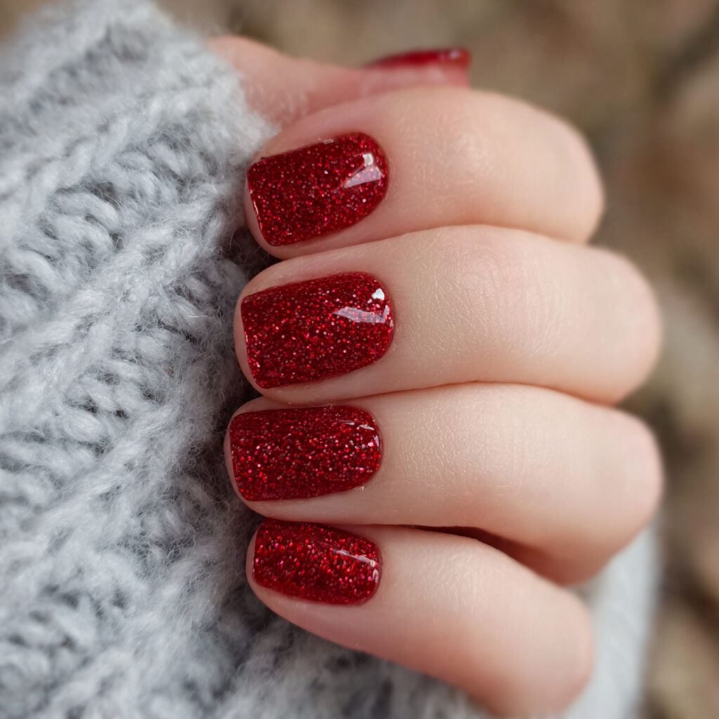 red glitter top layer short nails