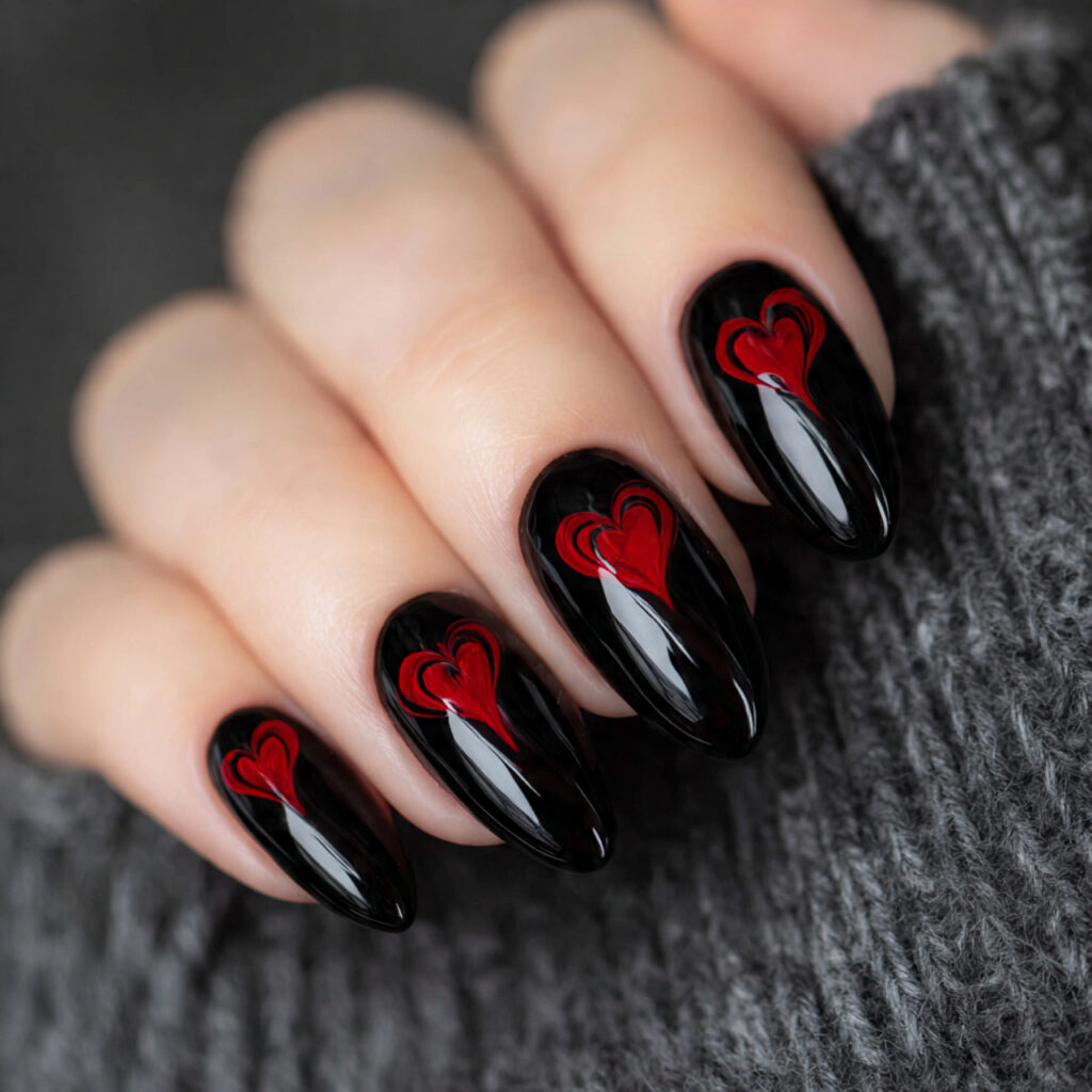 red heart on glossy black base nails