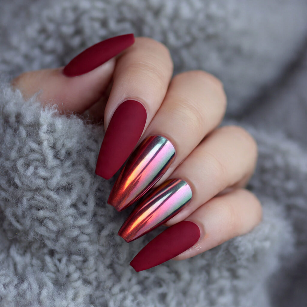 red matte and chrome combo nails
