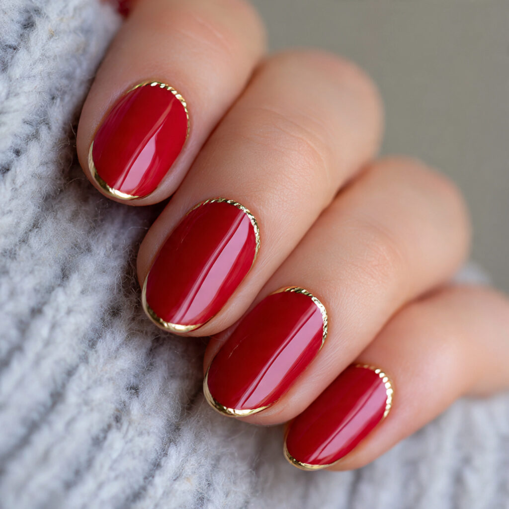 red micro french with gold outline nails