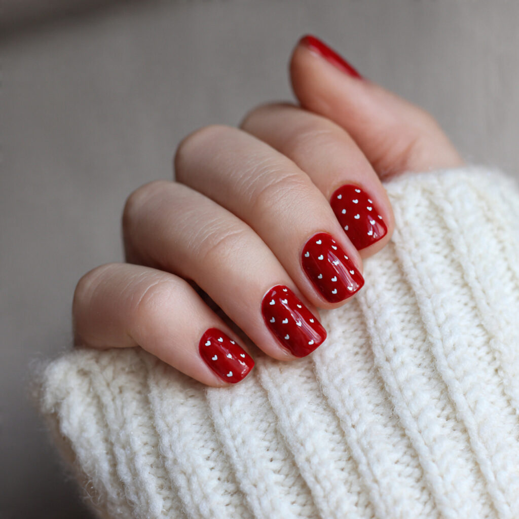 red with tiny hearts accent short nails