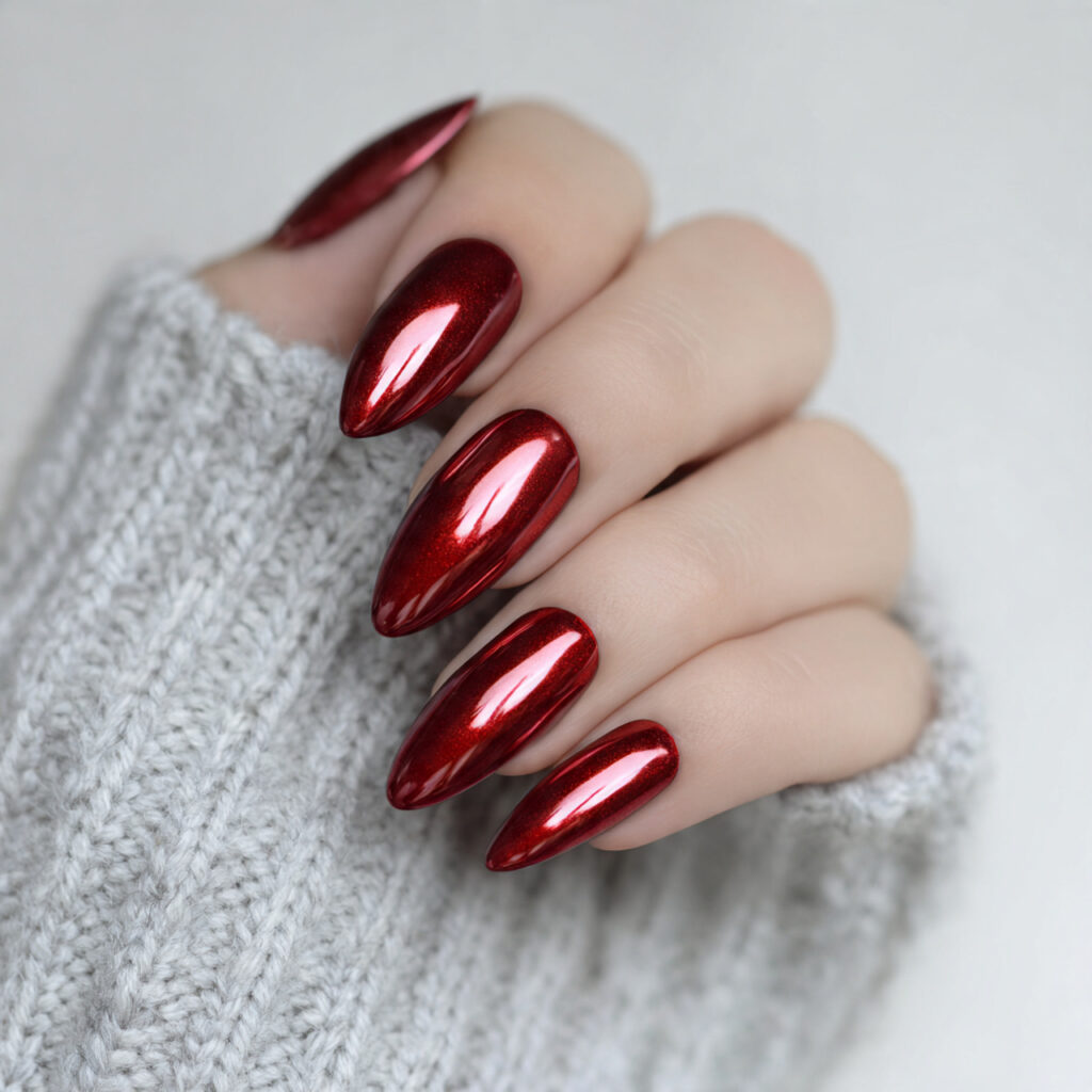 ruby red chrome almond elegance nails