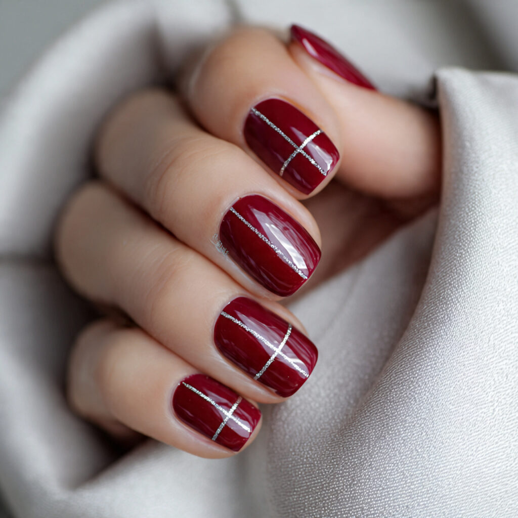 ruby red with silver line art short nails