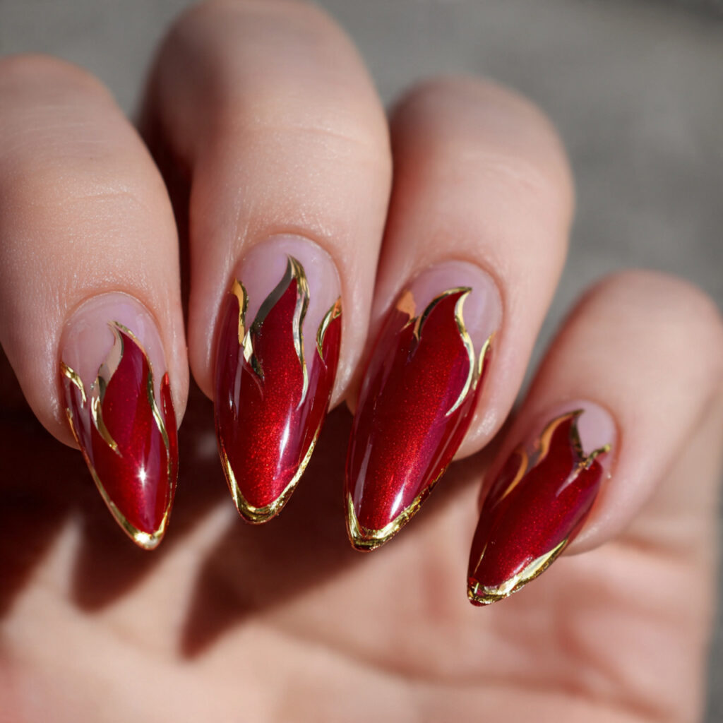 scarlet flames with gold outline nails