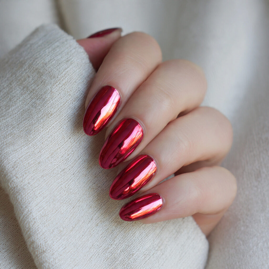 short red chrome with negative space nails