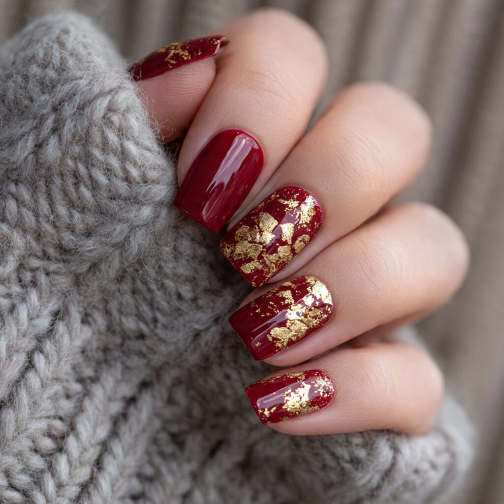 short scarlet with gold foil flakes nails