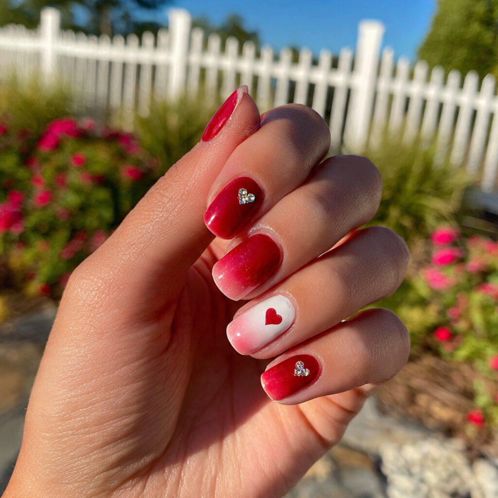 attracitve red ombre with tiny heart accent nails