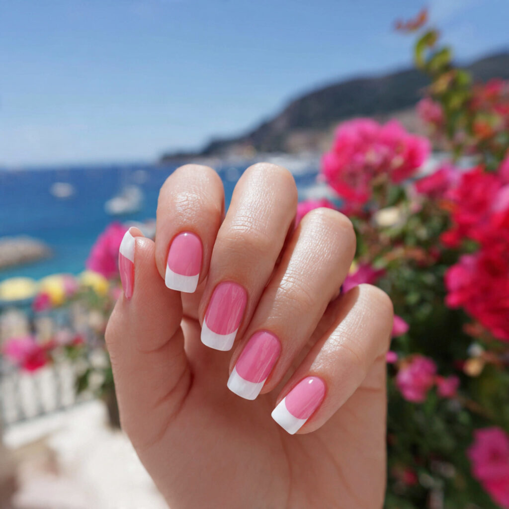 attractiv double french pink and white nails with