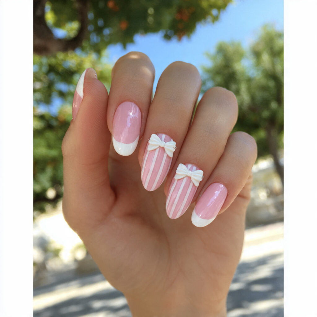 attractiv pink and white bow nails with outdoor su